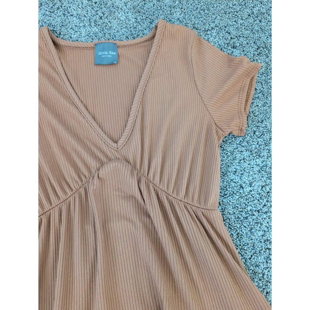 Olivia Rae Womens Ribbed Tiered Babydoll Dress Terracotta Brown V-Neck XS - Picture 4 of 4